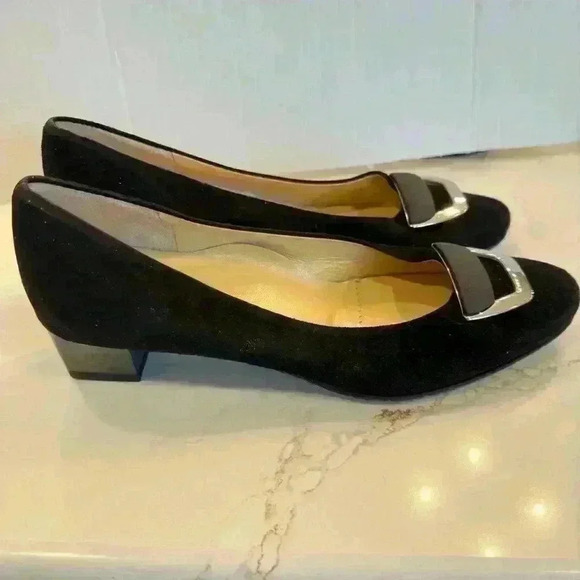 Brunate Shoes - BRUNATE WOMEN'S SUEDE EFFECT FLATS-BLACK-with SILVER BUCKLE SZ 38(EU)